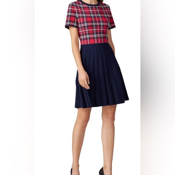 Draper James Women Navy Red Plaid Sweater Dress Short Sleeve Size XL Holiday - Picture 2 of 8